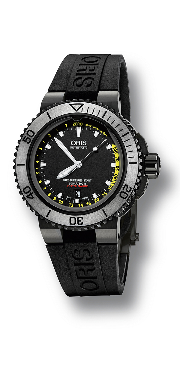 Renowned for producing specialist diving watches, Oris is proud to introduce the Oris Aquis Depth Gauge. At the forefront of mechanical watch innovation, Oris has harnessed its knowledge, expertise and craftsmanship to produce the first divers watch which measures depth by allowing water to enter the timepiece. This patented timepiece is the first of its kind to measure depth using a unique gauge built into the sapphire crystal, which allows water to enter the watch.